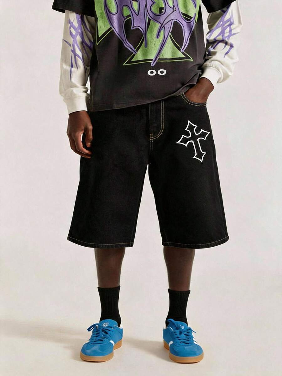 Men's Cross Print Patch Pocket Loose Casual Denim Bermuda Shorts Jorts - Black - View 1