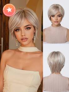FIVE STARS 8 Inch Straight Bob Wig, Heat-Resistant Synthetic Fiber Layered Pixie Short Hair, Light Gray Gold Silver Highlighted Wig With Side Bangs, Natural Daily Women's Wig, Suitable For Party And Cosplay - Multicolor - View 2