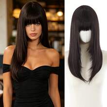 Long Straight Layered Synthetic Wig Brown/Black With Bangs, Natural Hair Texture, Heat-Resistant Fiber, Women's Cosplay Daily Wear - Multicolor - View 9