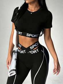Women's 2pcs Sports Set, Short Sleeve T-Shirt And Leggings - Contrast Color Letter Elastic Cross Design Black Summer Style - Black - View 4