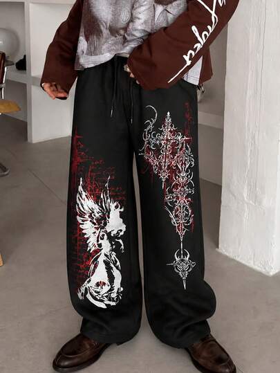 Pantalon de survêtement large pour hommes Fractyr avec imprimé croix d'ange gothique, pantalon de survêtement noir ample et drapé avec ange ailé blanc symétrique, croix ornée et imprimé d'éclaboussures de sang rouge, pantalon de survêtement ample streetwear hip-hop décontracté, pantalon décontracté doux et respirant