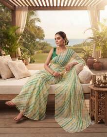 Estationeryhouse Chiffon Saree With Coloured Stripes With Unstitched Blouse - Green - View 2