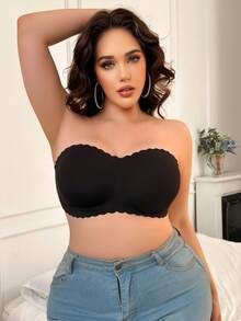 1pc Women's Wireless Seamless Bandeau Bra, Solid Color Wavy Trim Cross Hollow Back Multi-Hook Plus Size Support Padded Invisible Casual Bandeau Lingerie - Black - View 5