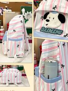 Sanrio Hello Kitty Towel Embroidery Backpack, Pink & White Striped Bow Print, Student School Bag, Large Capacity Lightweight Nylon Backpack For Daily Commute And Travel - Multicolor - View 7