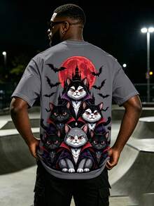 "Black Cat Castle Red Moon Bat Print" Pattern Plus Size Men's Sports Top Men's Casual Short Sleeve T-Shirt Minimalist Series - Polyester Knit Fabric, Crew Neck Design, Regular Fit, Suitable For Plus Size Body - Grey - View 3