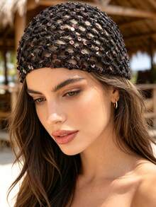 1 buah Topi Rajut Crochet Wanita Tipis Berongga dengan Hiasan Payet untuk Musim Semi/Panas, Cocok untuk Pemakaian Sehari-hari di Luar Ruangan pada Musim Semi/Panas/Gugur, Warna Payet Acak - Payet berbentuk berlian besar - View 3