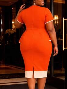 Gaun Midi Pas Badan Ukuran Plus Warna Oranye dengan Hiasan Ruffle, Trim Warna Kontras, Garis Leher Asimetris, Lengan Pendek, Gaun Pesta Gereja Elegan untuk Wanita - Jeruk - View 3