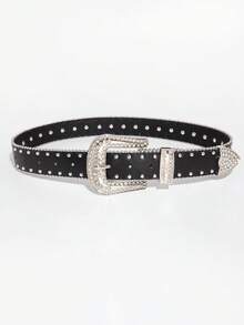 1 pieza Cinturón de hombre estilo punk rock Y2K de mezclilla plateada con remaches de estrella e incrustaciones de strass, accesorio versátil para jeans, adecuado para uso diario - Negro - Ver 4