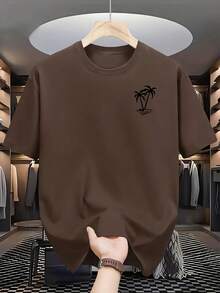 Men's Fashion Coconut Tree Print Shirt - Breathable And Moisture-Absorbing Polyester Fiber,Round Neck Short Sleeve,Comfortable Fit - Perfect For Summe - 黑色 - 查看 10