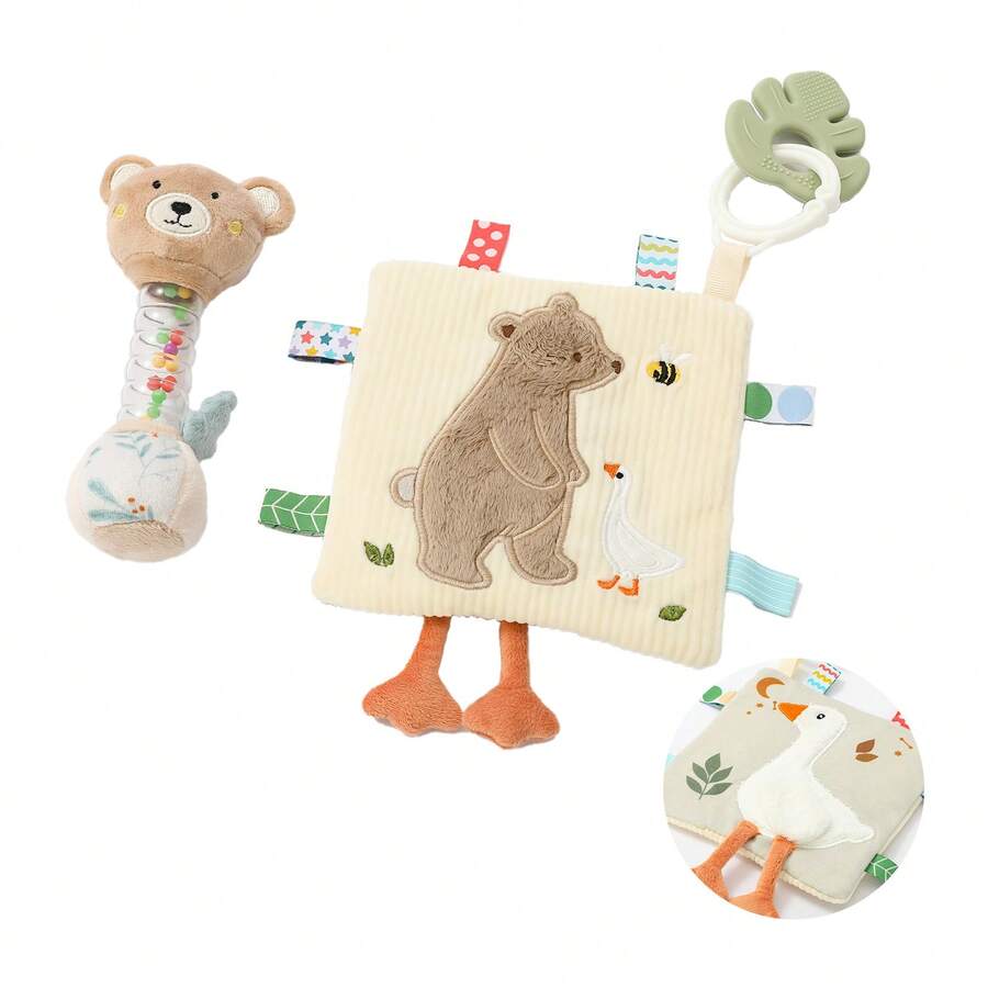 2Pcs Baby Sensory Toy Set Bee Teething Rattle Bear Goose Crinkle Security Lovey Blanket Soft Plush Infant Teether Toy For Newborn Shower Gift - Multicolor - View 1