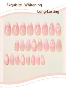 24pcs Almond Color 3D Wavy Star & Shell Pattern Gold Bead French Full Cover False Nail Tips, Suitable For Women & Girls, Summer Party, Office, Daily Wear. Includes 1 Adhesive Sticker Sheet And 1 Mini Nail File, Random Color Delivery - Multicolor - View 2