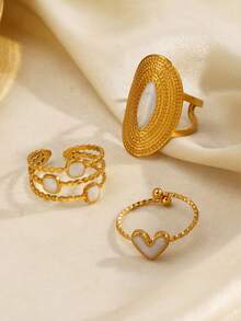 3pcs Stainless Steel Minimalist White Enamel Geometric Rings, Suitable For Women's Daily And Party Wear - White - View 3