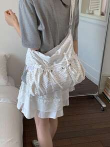 Bolso bandolera casual minimalista ligero con estampado de lunares para mujer, bolso tote de gran capacidad con múltiples bolsillos, adecuado para la escuela, compras, trabajo y viajes - Blanco - Ver 3