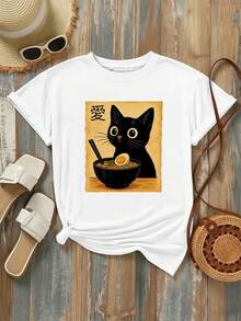 Maglietta con grafica di un simpatico gatto nero e ramen, autunnale, in morbido cotone, girocollo, vestibilità ampia, comoda, street hip-hop - Bianco - Visualizzare 2