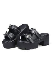 Womens Platform Sandals Round Open Toe Chunky Heel Goth Slipper Metallic Buckles Slip On Home Beach Outdoor Casual Walking Summer Sandals For Women - 黑色 - 查看 6