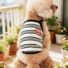 1pc Striped Knit Camisole Dress With Heart Embroidery, Breathable Sleeveless, Suitable For Small Dogs And Cats - Black and White - View 10