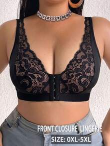 Plus Size Women Lace Patchwork Wireless Bra, Breathable Non-Slip Supportive Seamless Everyday Bra - Black - View 5