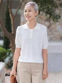女款時尚白色針織 Polo T恤，柔軟花卉鈕扣短袖上衣，適合萬聖節、感恩節、聖誕節假期穿搭 - 白色 - 查看 1
