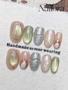 10片手工橢圓形穿戴甲 DIY 壓克力短甲，粉綠貓眼亮片不對稱金屬線雲母美甲，夏季 DIY 假指甲，適合派對、日常、約會、度假穿搭，女性女孩禮物美甲用品 - 彩色 - 查看 2