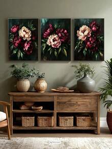 3pcs Vintage Melancholy Floral Wall Art, Dark Botanical Peony Art, Dark Academia Floral Wall Decor, Pink Peony Print, Soft Pink Floral Painting, Abstract Floral Poster, Personalized Home Decor Canvas Poster, Christmas Decoration, Christmas Gift, Framed/Unframed - Flower - View 9