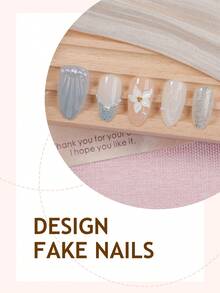 10pcs Summer Medium Almond Shape Press-On Fake Nails, Nude Base With Light Blue Gradient, 3D Shell Flower Pearl Glitter Decor, High Gloss Shiny Finish, Beach Y2K Style, Full Coverage, Suitable For Women And Girls Daily Wear - Multicolor - View 3