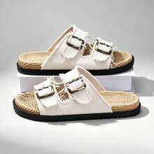 DISARCON 1 Pair Men's Summer Sandals, Suitable For Outdoor Sports, Daily Wear, Vacation, Beach, Double Strap Design With Adjustable Upper Size, Vintage Classic Style, Breathable Canvas Upper, All-Season Indoor Slippers - Beige - View 6
