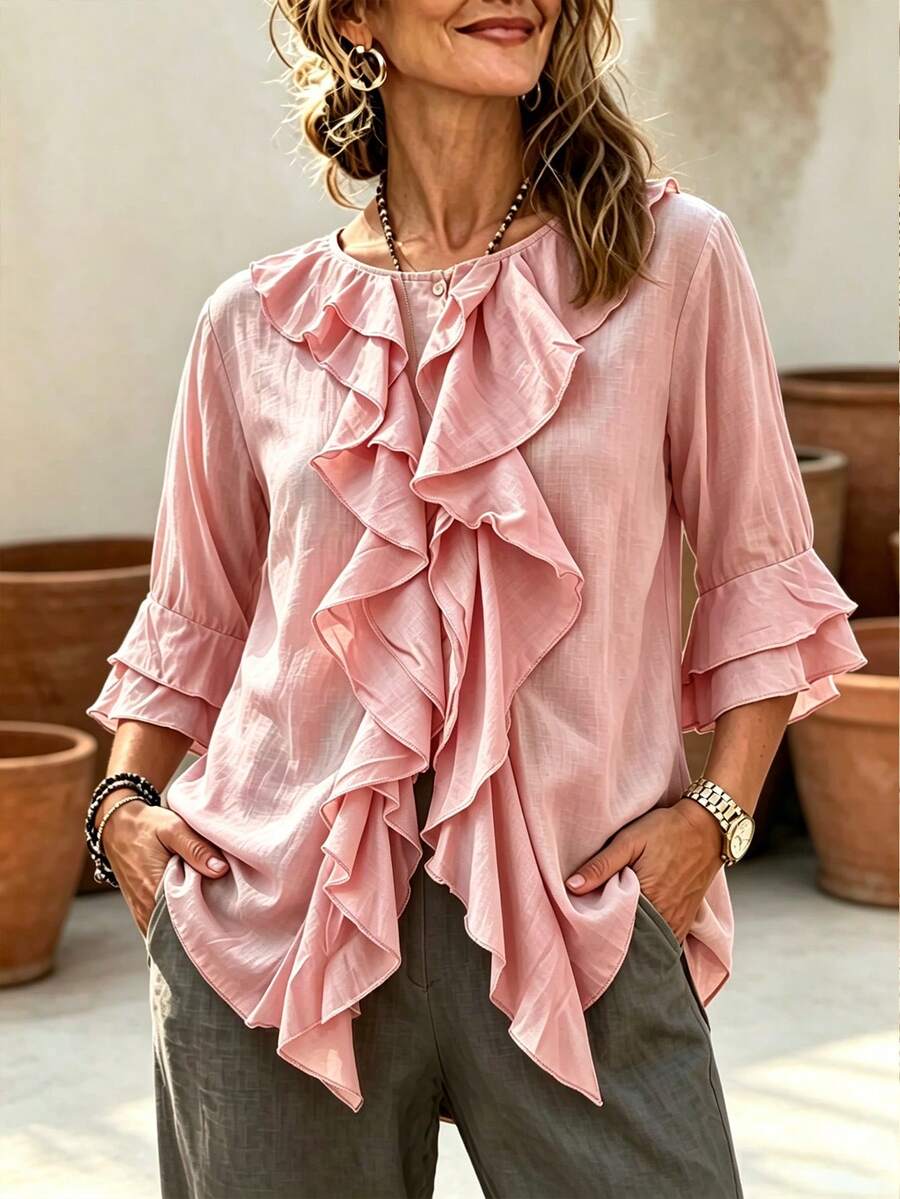 Blusa casual de mujer para primavera/verano de unicolor con doble volante en el bajo, botones y bolsillos, estilo retro, cómoda y transpirable, holgada y de moda con decoración de volantes de unicolor