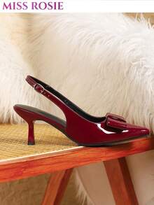 [MISS ROSIE]2026 SS ZA Kitten Heels, Pointed Back Strap Pumps Burgundy/Black/Silver, Wedding Business Shoes, 3-Day Local Fast Delivery - 酒紅色 - 查看 4