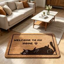 1pc Black Border Slouchy Cat Paw Print Funny Slogan "WELCOME TO MY HY HE" Doormat, Bestselling Popular Minimalist Cute Pet Flannel Rectangular Rug, Adorable Slouchy Cat Silhouette Thin Paw Border Funny Text Pattern, Non-Slip Absorbent Easy To Clean Entrance Floor Mat, Suitable For Hallway, Kitchen, Balcony, Bedroom, Study - Multicolor - View 13