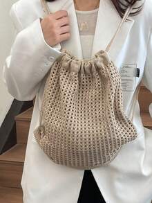女款鉤編抽繩後背包，針織沙灘包，休閒波希米亞風夏季旅行日常大容量日用包，學生書包，大學校園適用 - 卡其色 - 查看 3