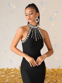 Love Aing Black Sleeveless Bandage Maxi Dress Hand Sparkle Rhinestone, Luxury Evening Gown For Party Wedding Guest Stage & Autumn - Black - View 8