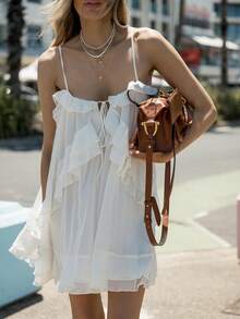 Top Dazzle Women's Spaghetti Strap Black Casual Ruffle Mini Sun Dress - White - View 2