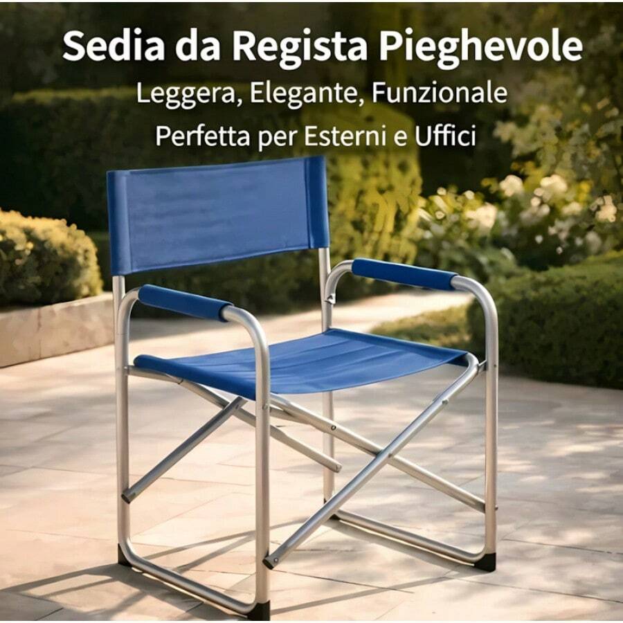 Questa sedia da regista pieghevole, con braccioli e struttura in metallo tubolare, è leggera, elegante e completamente funzionale, il che la rende ideale per l'uso all'aperto: giardini, cortili, terrazze, uffici e aree ricreative all'aperto. - Blu - Visualizzare 1