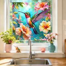 1pc Hummingbird & Hibiscus Static Cling Window Sticker, Colorful Floral Bird Decorative Window Film, Glue-Free Privacy Sunshade Window Sticker, Suitable For Bedroom, Kitchen, Bathroom Home Decor - Hummingbird Window Decal - View 2