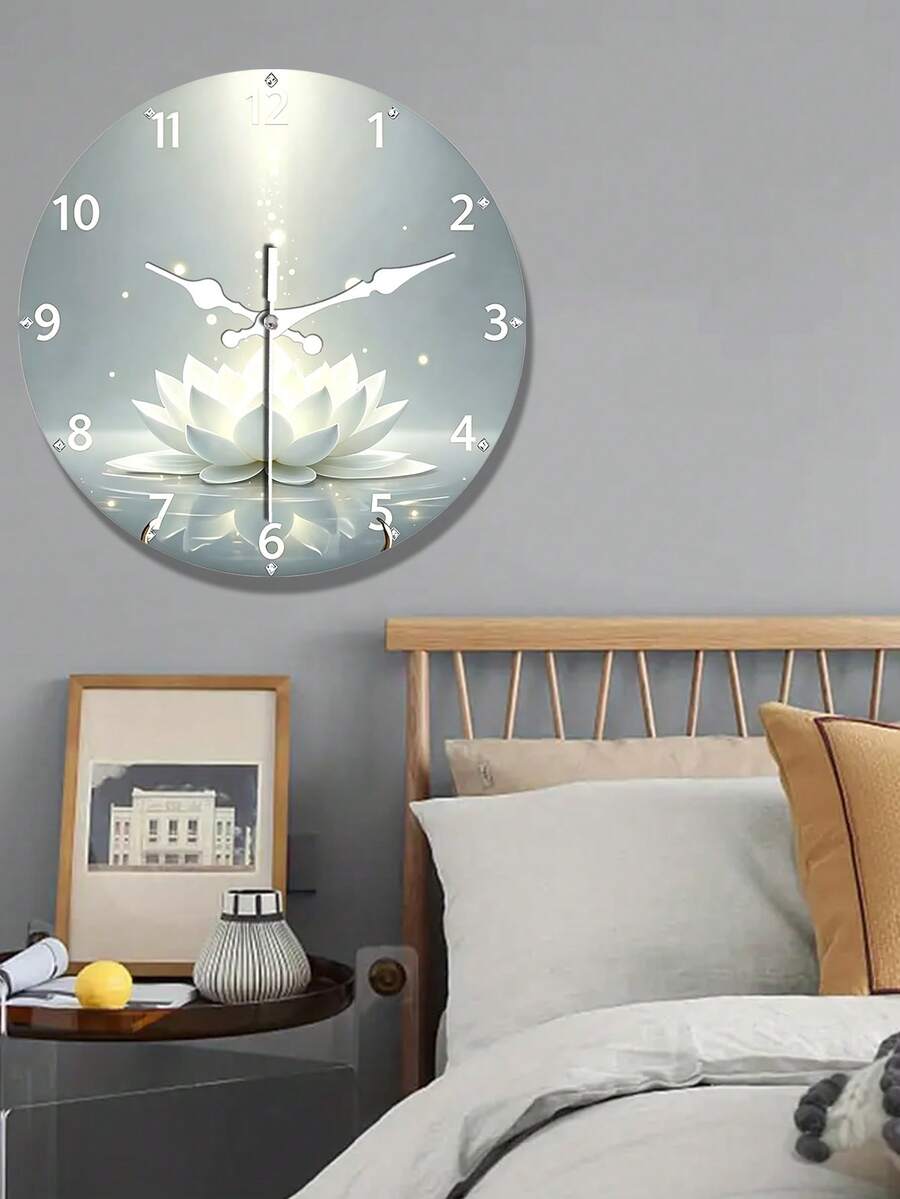 2D Flat 10/12 Inch Silent Round White Lotus Glowing Wooden Wall Clock, Quartz Movement, Battery Powered (AA Battery Not Included), Suitable For Bedroom, Kitchen, Study, Garage, Living Room, Artistic Wall Clock - A - View 1