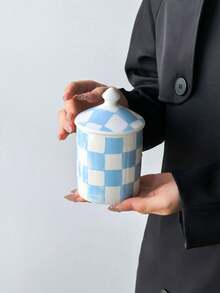 1pc Hand-Painted Checkered Ceramic Storage Jar With Lid, Multi-Color Grid Airtight Container For Kitchen Coffee, Sugar, Tea Storage, Bathroom Vanity Decor - Multicolor - View 16
