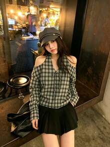 Blus Pelindung Matahari Lengan Panjang Model Dewasa dengan Kerah V dan Tali Depan, Motif Kotak-kotak, Gaya Dewasa - Coklat - View 7