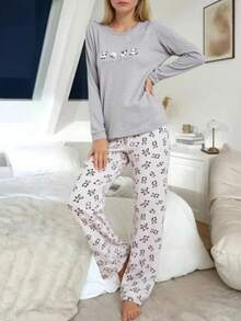 Women's Printed Pajama Set Fabric Soft Breathable Comfortable Sleepwear And Loungewear Set - Light Grey - View 2
