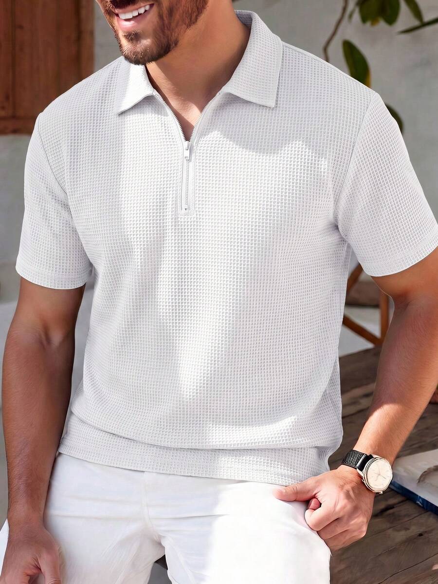 男士休閒極簡純色華夫格針織 Polo T恤，適合日常通勤 - 白色 - 查看 1