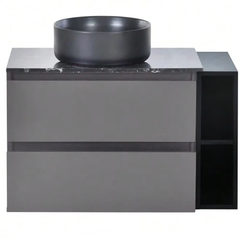 Wall-Mounted Washbasin Unit, 80 Cm Wide, With Ceramic Washbasin, With Drawers, Modern Design, Black And Grey. - 灰色 - 查看 1