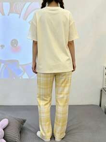 Teen GirlSummer Short Sleeve & Pants Set, Crew Neck Cartoon Rabbit Print Outfit - Yellow - View 7