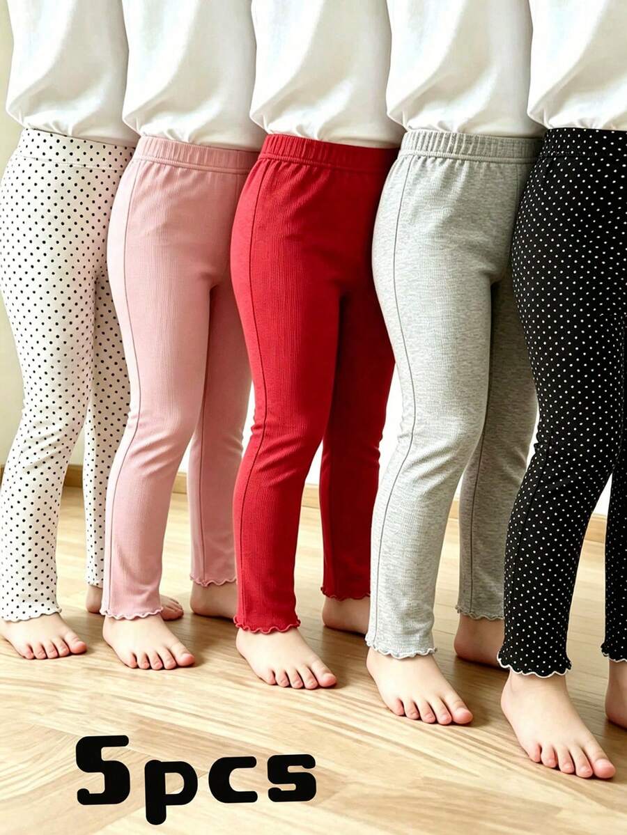 5pcs/Pack Legging Anak Perempuan Motif Garis Vertikal dengan Hiasan Rumbai, Lembut & Nyaman, Serbaguna untuk Pemakaian Sehari-hari - MultiWarna - View 1