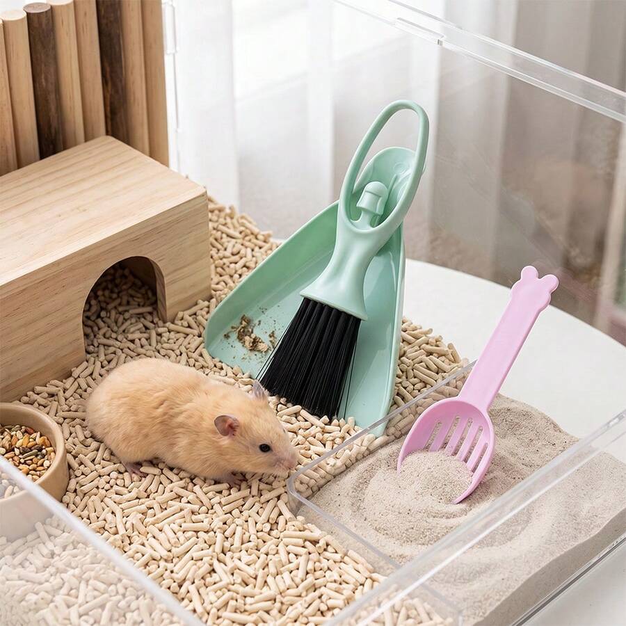 1組迷你掃帚、畚斗與倉鼠墊料鏟,附人體工學手柄,小動物清潔刷組,多功能小寵物籠衛生工具,適用於倉鼠、兔子、爬蟲類及其他小寵物碎屑收集清潔組 - 查看 1