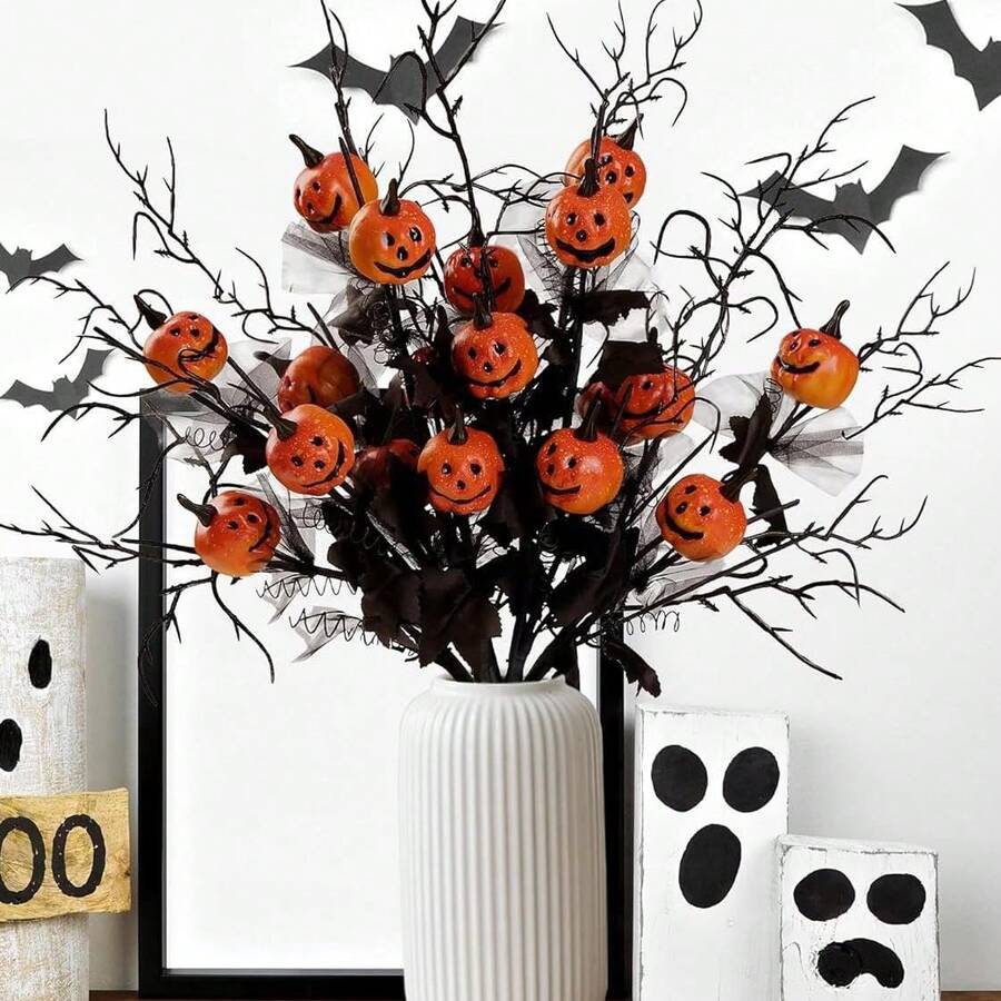 5Pcs Halloween Black Branches With Small Pumpkins - Artificial Stems With Maple Leaves Holloween Table Party Indoor Decorations (Halloween Branche) - Multicolor - View 1