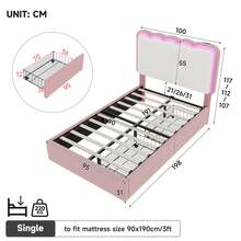 Flieks 3ft Single Upholstered Bed Frame With Adjustable LED Wavy Headboard, 2 Storage Drawers, Pink & Cream White - Pink - View 4