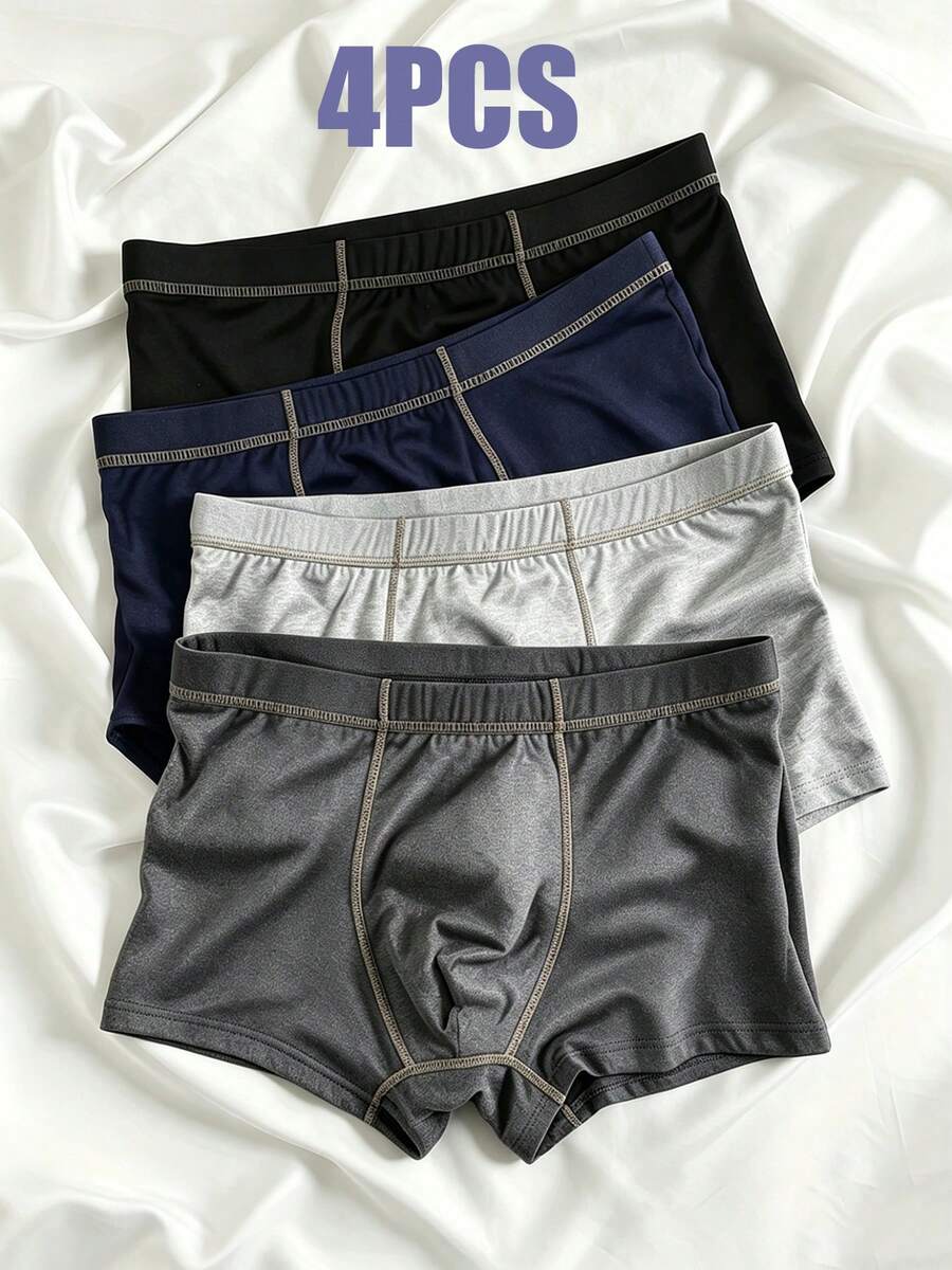 4pcs Men's Solid Color Comfortable Boxer Briefs, Simple Home Wear Men's Underwear Shorts - Multicolor - View 1