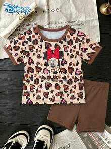 Conjunto de camiseta de manga corta y pantalones cortos para niña Disney Baby de verano con estampado de leopardo y corazón de Minnie, conjunto lindo, pantalones cortos de cintura elástica de color marrón café sólido para vacaciones casuales, ropa para exteriores - Café integral - Ver 2