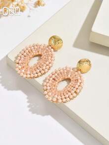 OOQ 1 Pair Bohemian Style Geometric Oval Beaded Seed Bead Earrings, Colorful Niche Design, Versatile Jewelry For Daily Wear, Party, Prom, Engagement, Wedding, Bridesmaid, Mother's Day, Valentine's Day And Any Holiday Gift - Rice Pink - View 3