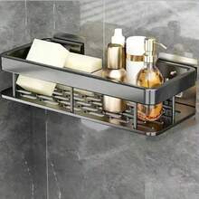 1-Tier/2-Tier Black Bathroom Storage Rack, No-Drill Shower Caddy Storage Shelf, Large Capacity Wall-Mounted Organizer Set, No Drilling Required, Bathroom Accessories, Kitchen Accessories - Multicolor - View 3