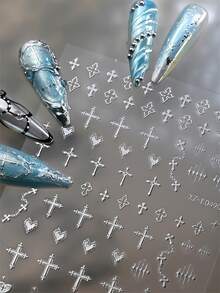 6Pcs/Set 3D Metallic Silvery Cross Nail Art Stickers Punk Gothic Cross/Heart Nail Decal Self-Adhesive Silery Cross Manicure Slider - Silver - View 6